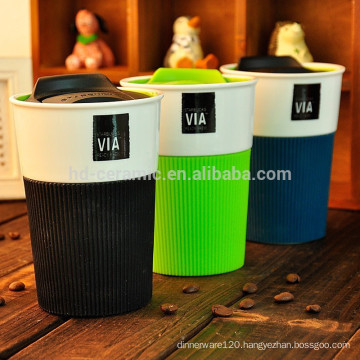 supplier ceramic starbucks mug with lid,travel mug,porcelain mug with silicone wrap